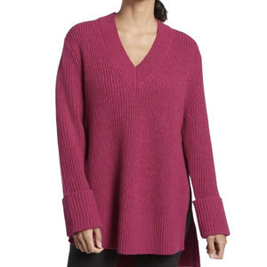 Athleta Pink Shasta V-Neck Hi-Low Wool Blend Ribbed Pullover Sweater Size XL
